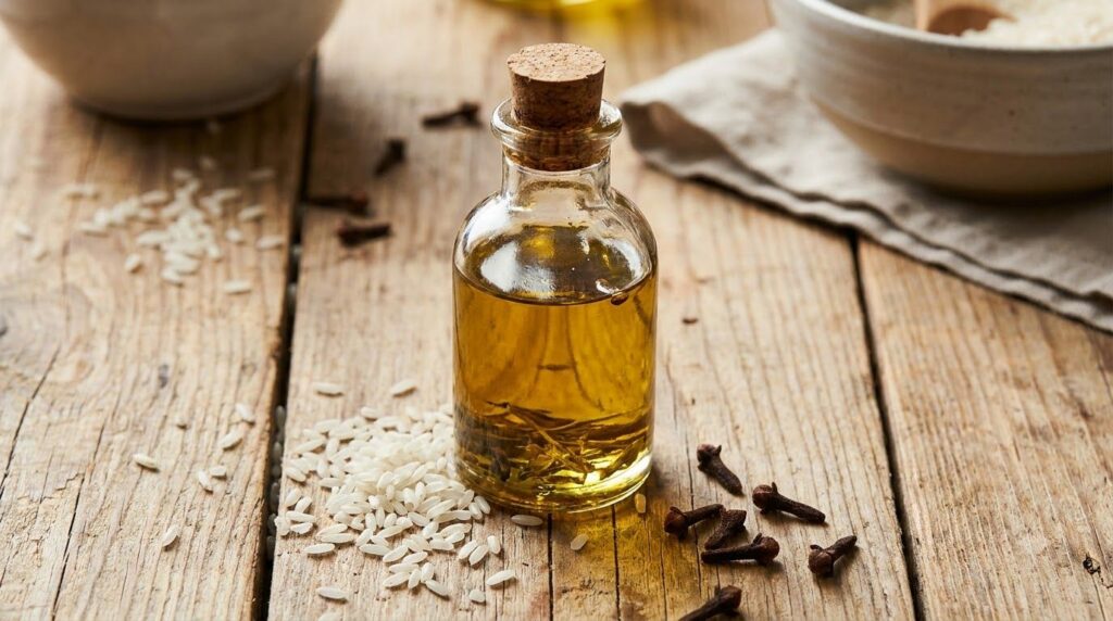 A close-up of a small glass bottle filled with golden infused oil next to a scattering of rice grains and whole cloves o