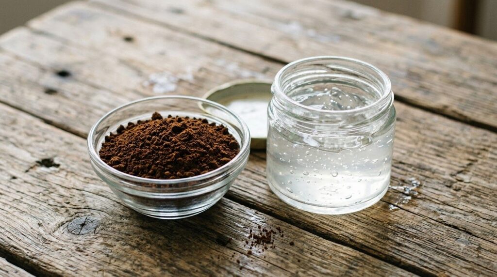 A small bowl with instant coffee powder and a jar of aloe vera gel on a natural wood surface