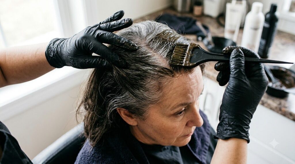 Close-up of gloved hands applying dark hair paste to a woman s grey hair roots