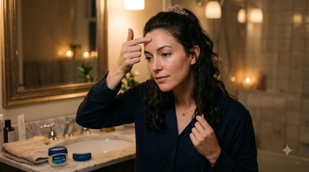 A woman gently applying a thin layer of Vaseline to her face as part of her nightly skincare routine