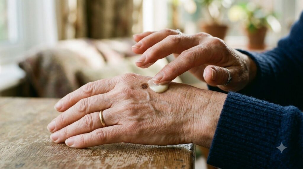A close-up of a person gently applying a homemade paste onto an age spot on the back of their hand The paste is a light 