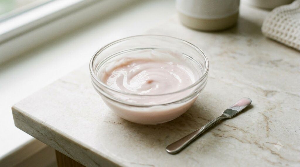 Small glass bowl containing a pinkish-white creamy mixture of calamine lotion and Vaseline with a small spatula beside i