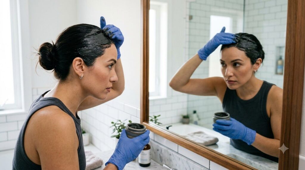 A woman applying a dark hair paste to her roots with gloved hands in a bathroom setting