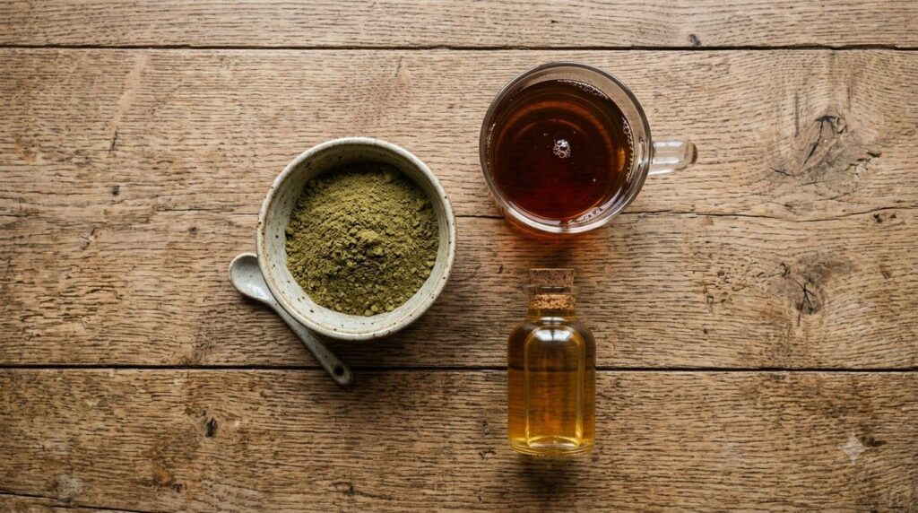 Ingredients for natural hair paste Amla powder in a small bowl a cup of strong black tea and a bottle of coconut oil on 