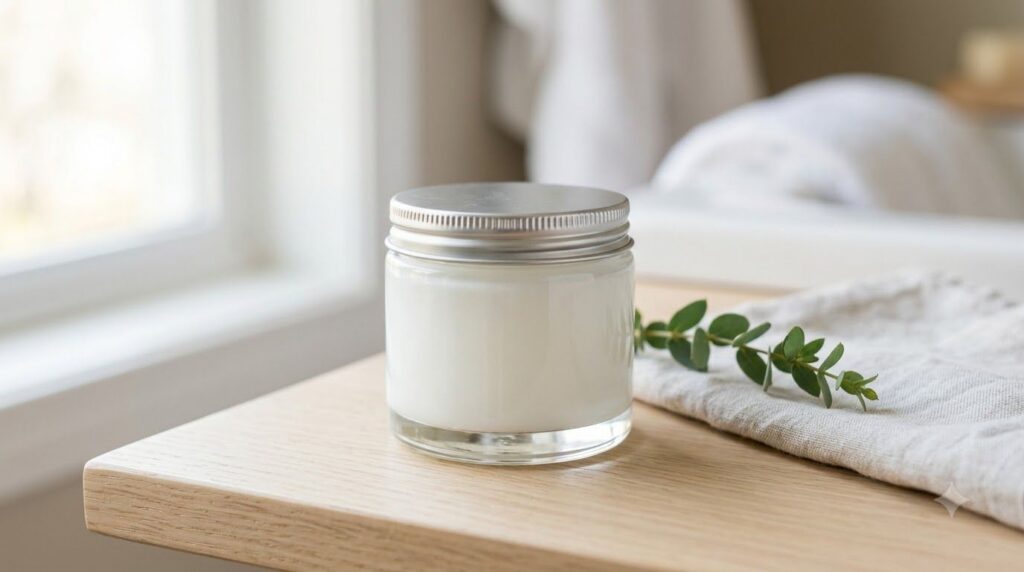 A small clear glass jar filled with the finished white smooth alum and Vaseline balm It is placed on a clean surface rea