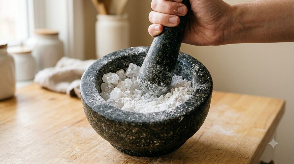 A close-up of a mortar and pestle actively crushing a white crystalline alum stone into a fine powder The background is 