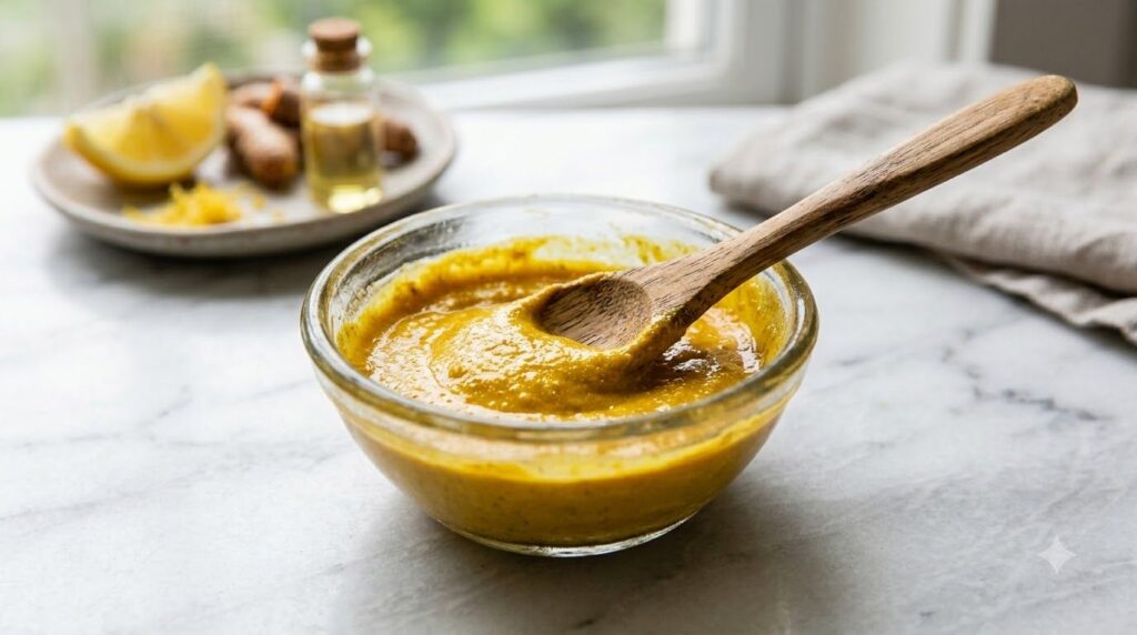 A close-up shot of a small glass bowl filled with the freshly mixed golden turmeric honey baby oil and lemon mask with a