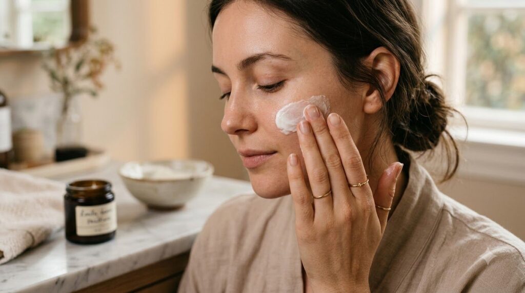 A person gently applying a white Vaseline and zinc oxide mixture to their clean face as part of a nightly skincare routi