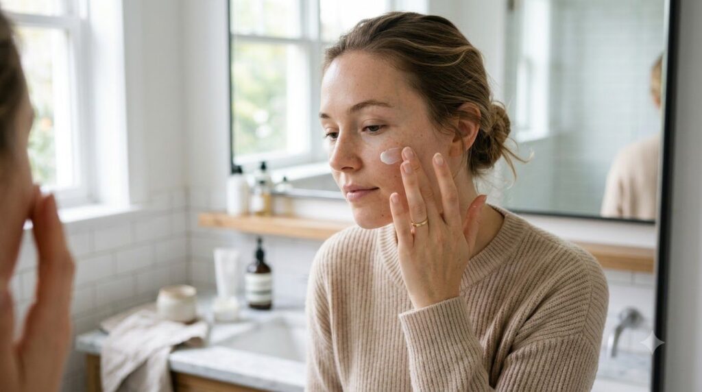 A person s hand applying a small amount of homemade cream to their cheek demonstrating the application process