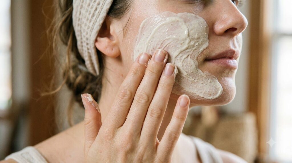 Hands gently applying a creamy mixture to a woman s face highlighting a radiant and smooth complexion