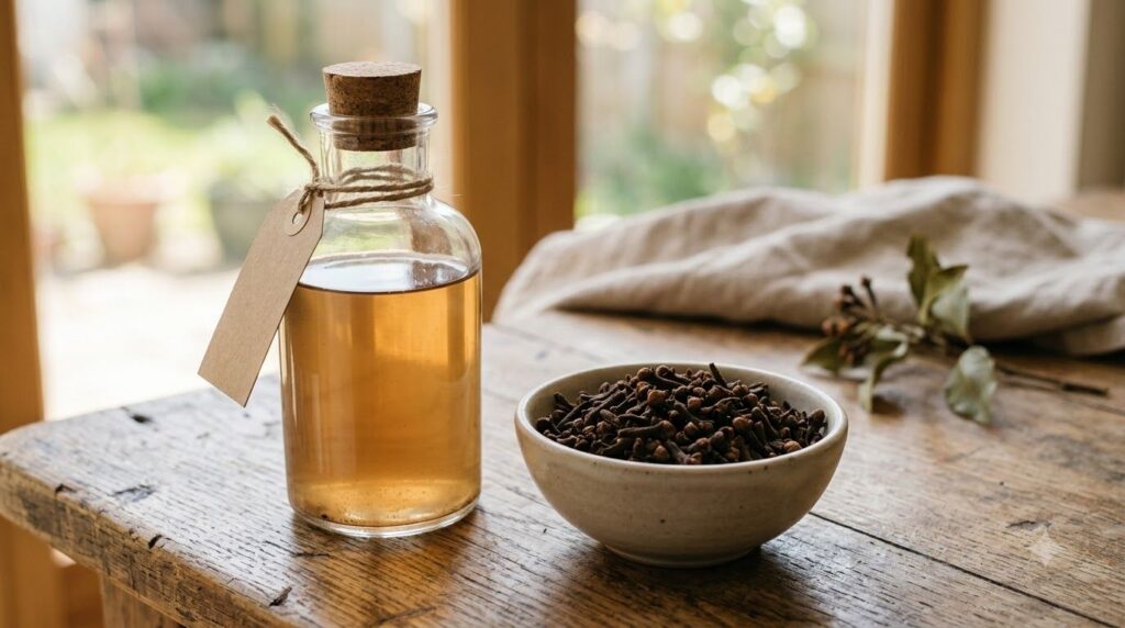 A clear glass bottle filled with light brown clove toner next to a small bowl of whole cloves illustrating the finished 