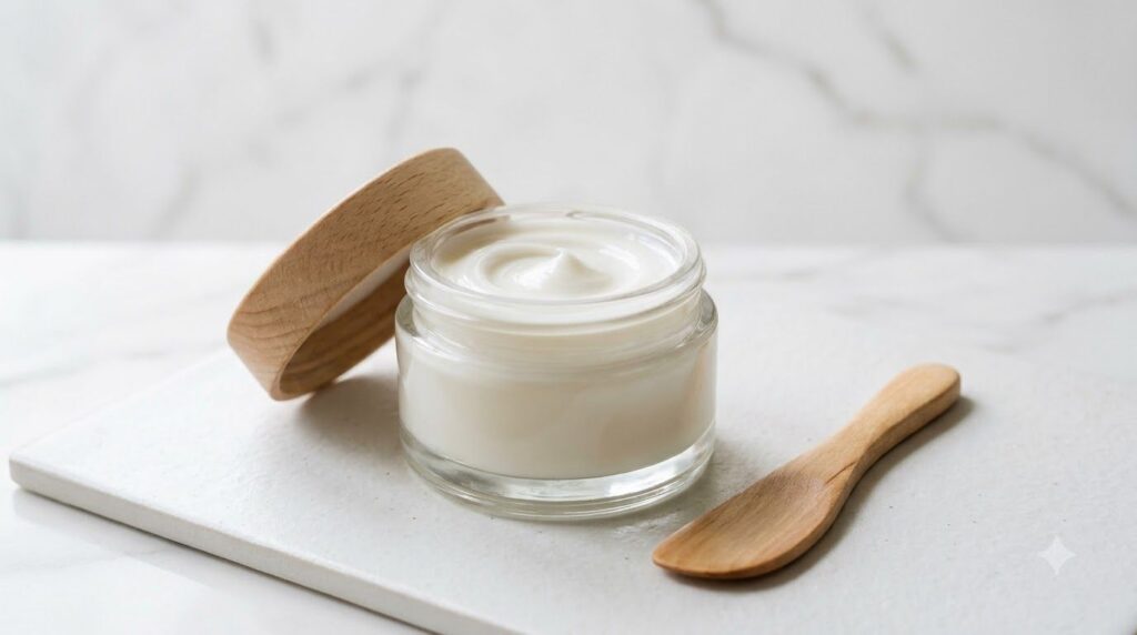 A small elegant jar filled with the freshly made DIY porcelain skin balm with a smooth white creamy texture next to a sm