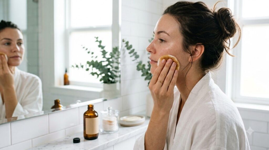 A person s hand applying clove toner to their face with a cotton pad showcasing the gentle application method