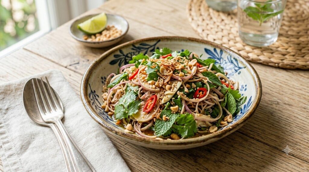 A vibrant and inviting banana flower salad with thinly sliced banana flower fresh herbs chili and a lime dressing presen
