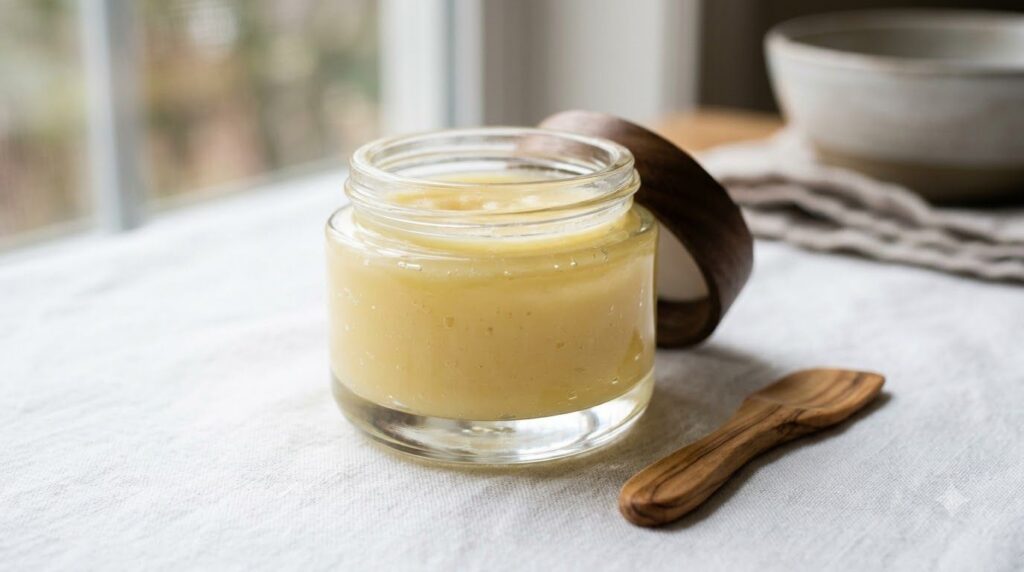 Close-up of a small glass jar filled with the homemade Vaseline honey and aloe vera balm with a wooden spatula resting n