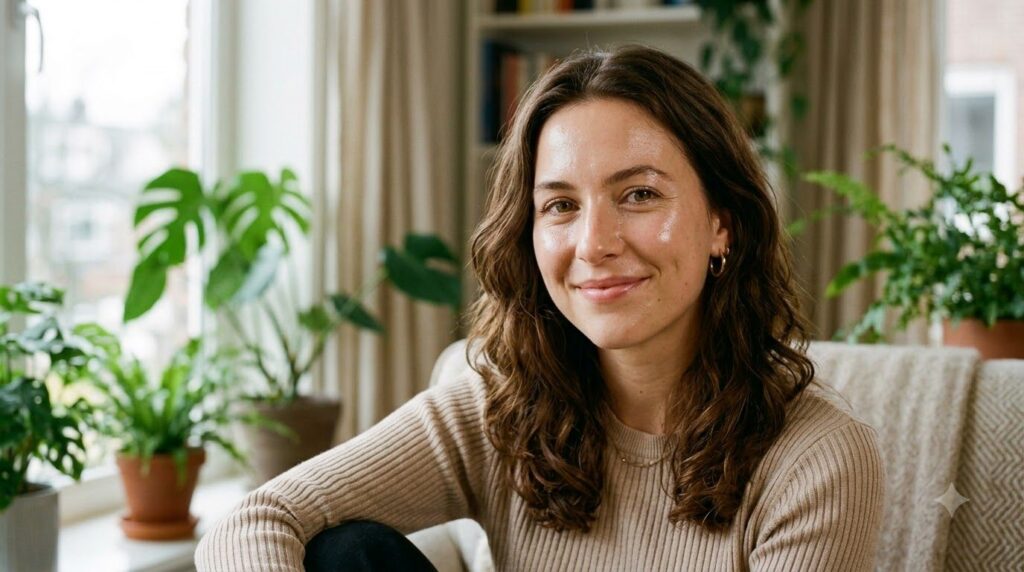 A woman with glowing hydrated skin smiling confidently showcasing the results of a good skincare routine with a subtle d