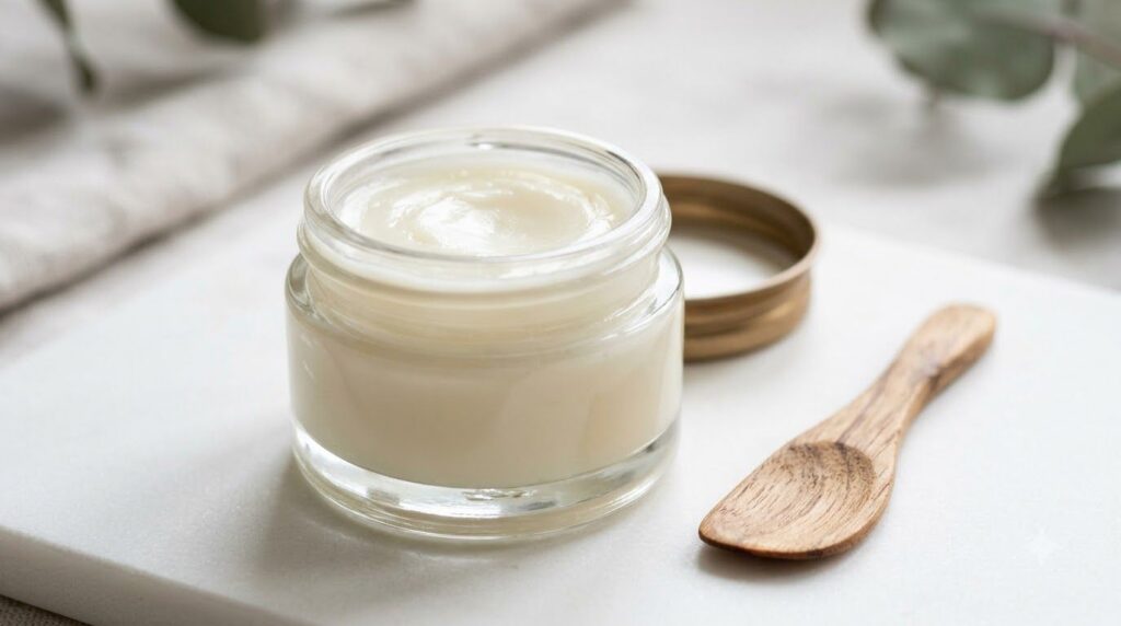 A small clear glass jar filled with the freshly made Vaseline and Panthenol balm showing a smooth creamy texture A small