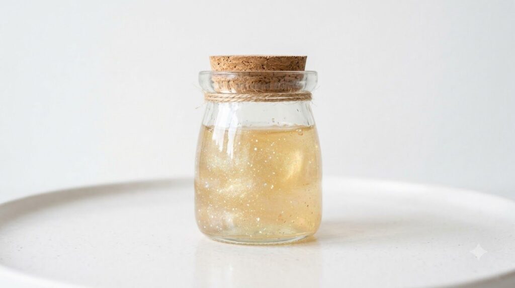 A small clear glass jar filled with a freshly made smooth shimmering homemade glow gel placed on a clean surface