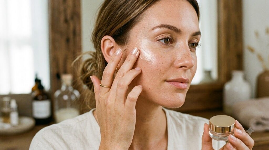 A person s hand gently dabbing a small amount of homemade glow gel onto a cheekbone showing a subtle radiant effect