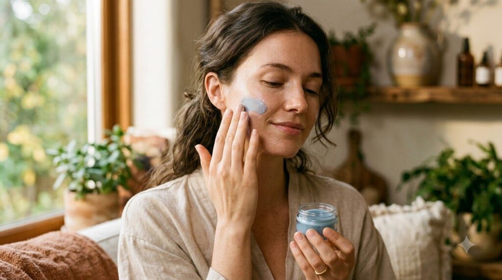 A woman gently applying a thin layer of the blue Vaseline and Azulene balm to her cheek looking serene and natural Her s