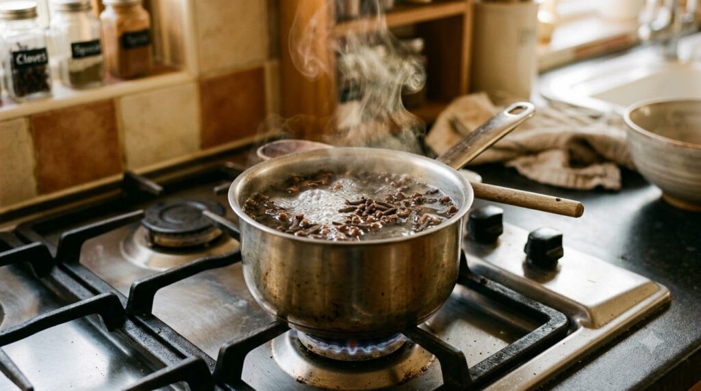 Close-up of whole cloves simmering in a small pot with water on a stovetop creating a light steam