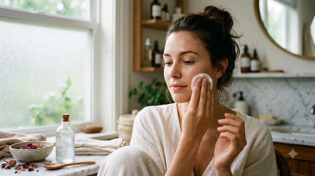 A woman gently applying homemade toner to her face with a cotton pad looking refreshed Her skin appears smooth and brigh