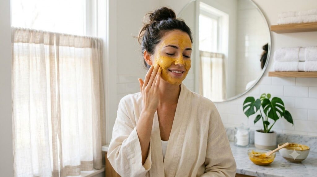 A woman gently applying a golden turmeric and honey mask to her face with her fingertips in a brightly lit bathroom look