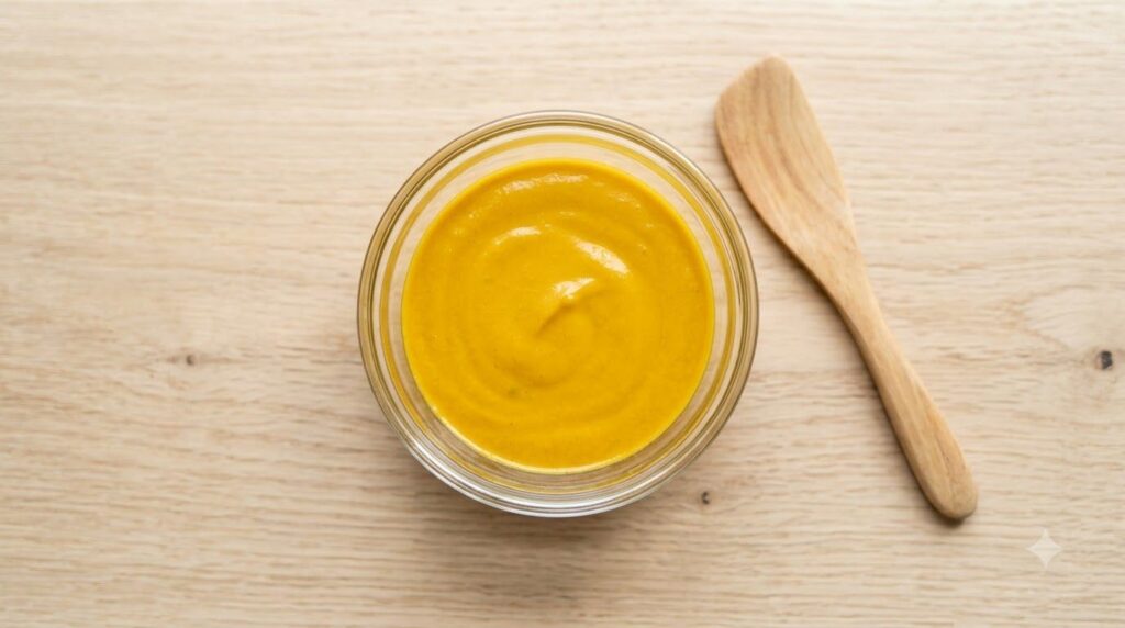 A close-up shot of the mixed DIY anti-aging mask in a small glass bowl showing the golden yellow paste with a wooden spa