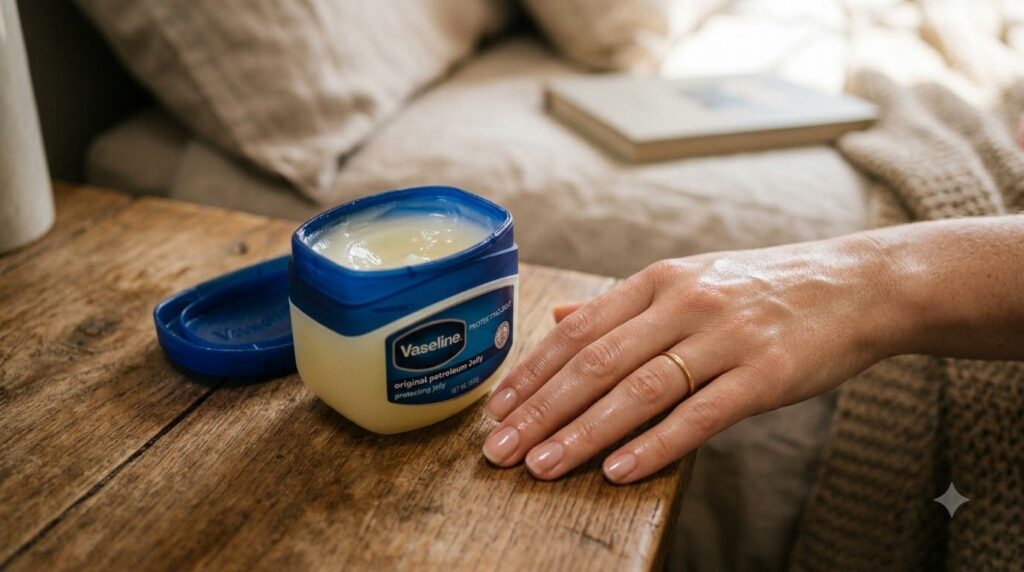 Close-up of a jar of Vaseline Original Petroleum Jelly next to a hand highlighting its texture and a glowing hydrated sk