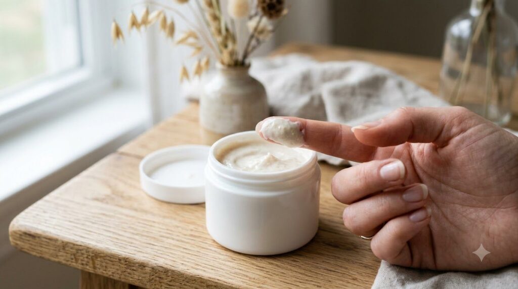 A white jar of colloidal oatmeal skin cream with a small dollop on a finger emphasizing its creamy texture and soothing 