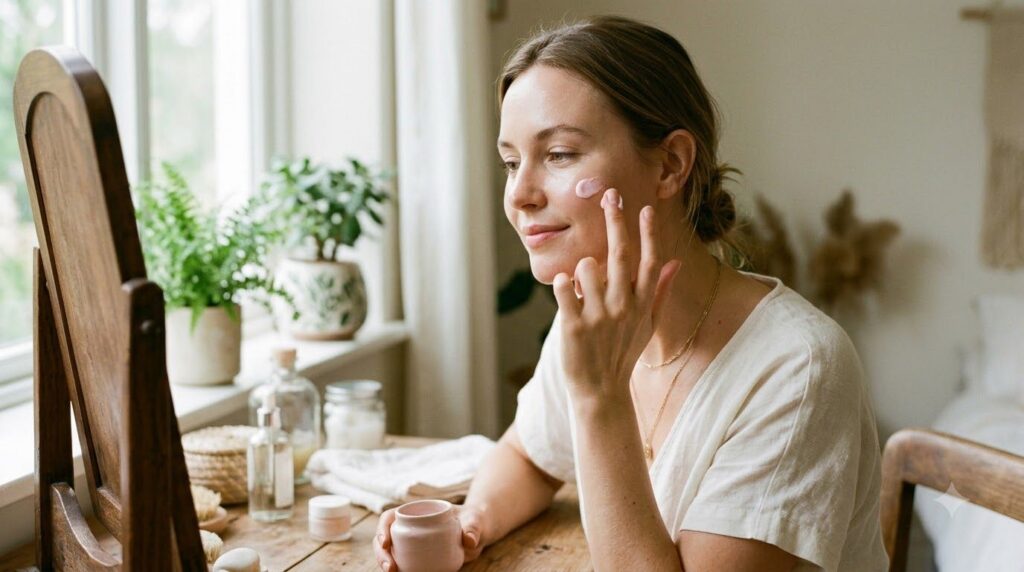 A woman gently applying a pink creamy lotion to her cheek illustrating the use of the homemade elixir for a glowing comp