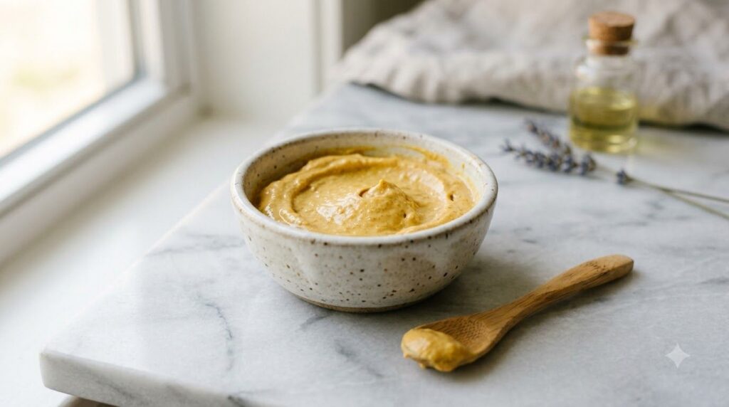 A close-up shot of a small bowl containing a freshly mixed DIY face mask made from turmeric lemon and Vaseline with a sm