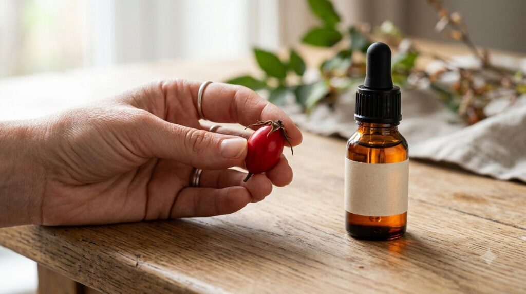 Close-up of a vibrant rosehip in a hand with a small bottle of rosehip oil next to it symbolizing natural beauty and ant