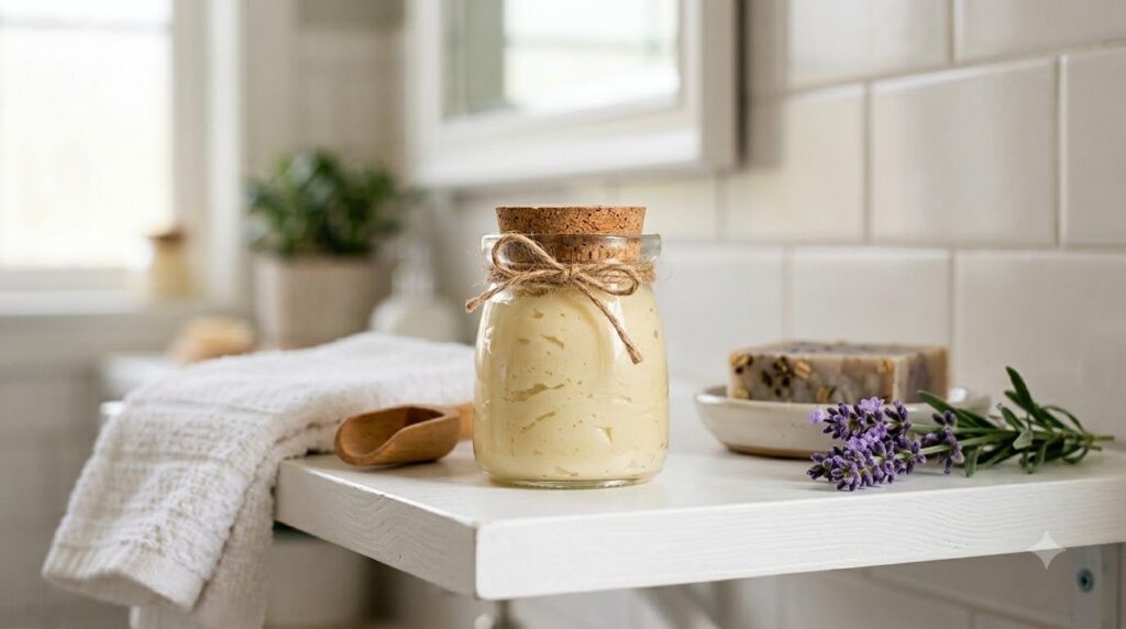 A small clean airtight glass jar filled with the freshly mixed NIVEA aloe vera and rosehip oil cream ready for use on a 
