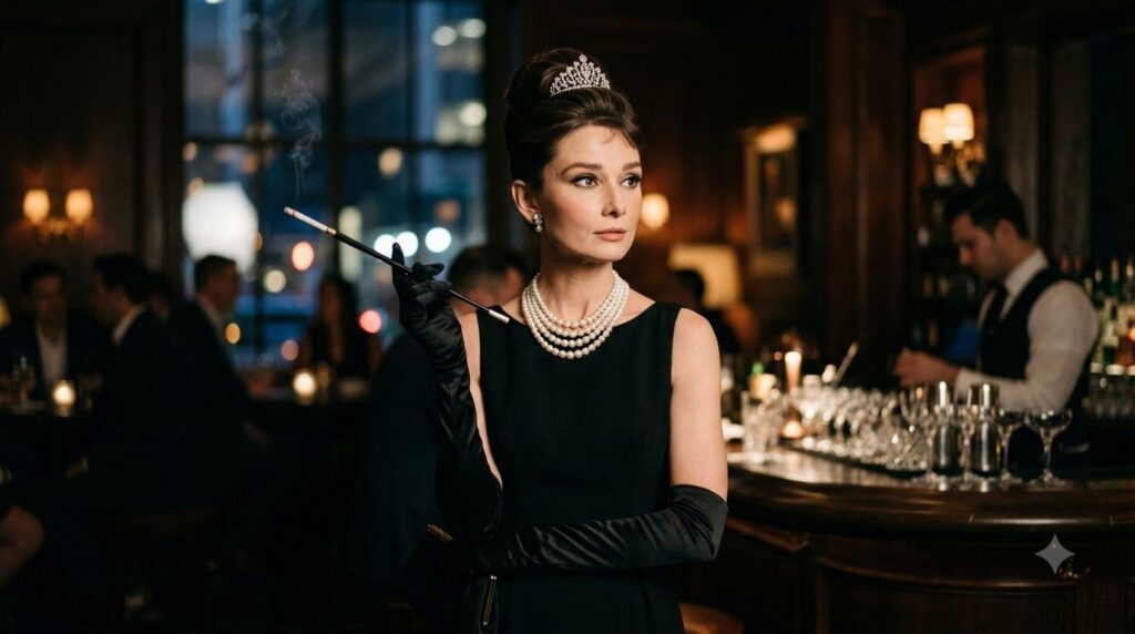 Audrey Hepburn as Holly Golightly in Breakfast at Tiffany s wearing her iconic black dress pearls and tiara holding a ci