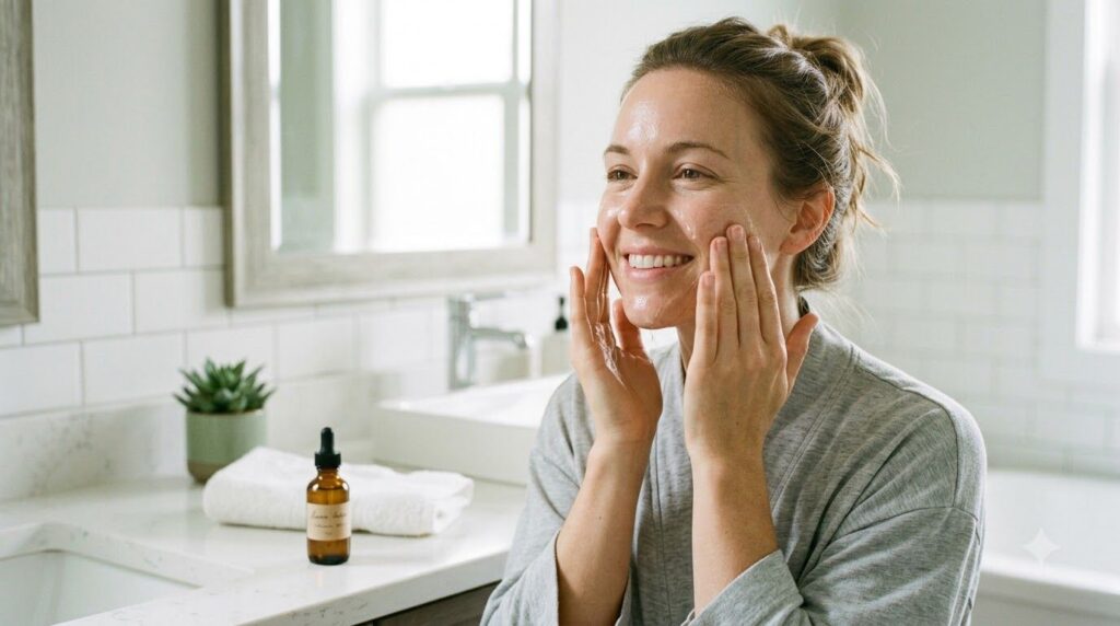 A woman gently massaging a homemade oil mixture onto her face looking relaxed and happy