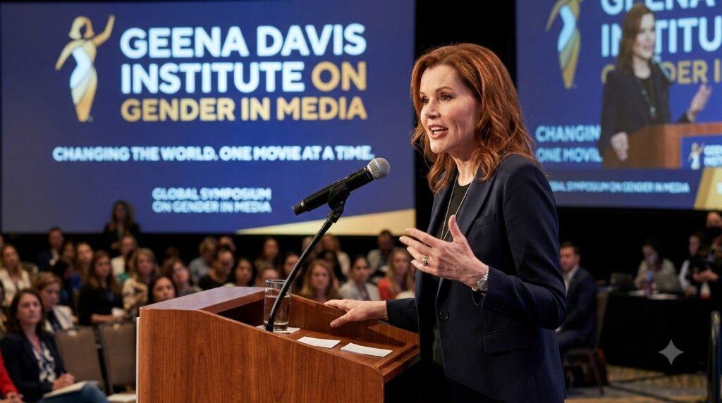 Geena Davis at a public event speaking passionately about gender equality in media with a microphone and a backdrop feat