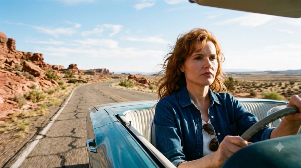 A promotional still of Geena Davis as Thelma Dickinson from the movie Thelma Louise driving a classic convertible with S