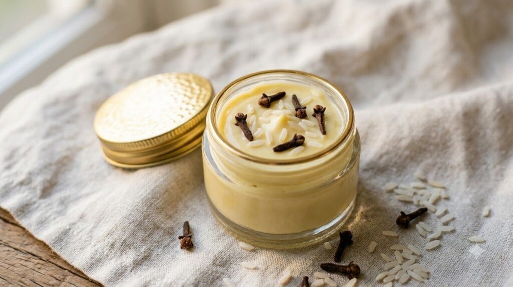 A small elegant glass cosmetic jar filled with a creamy pale yellow DIY night cream with a few whole cloves and rice gra