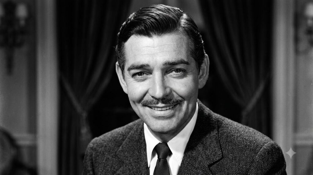 A classic black-and-white portrait of a charming Clark Gable smiling