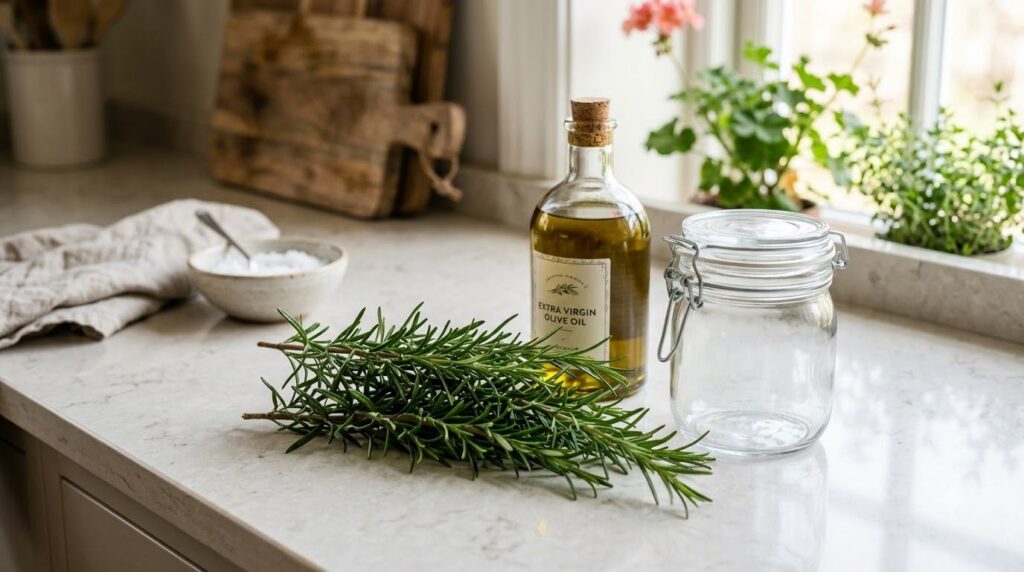 Ingredients laid out for making rosemary oil fresh rosemary sprigs a bottle of olive oil and an empty glass jar on a cle