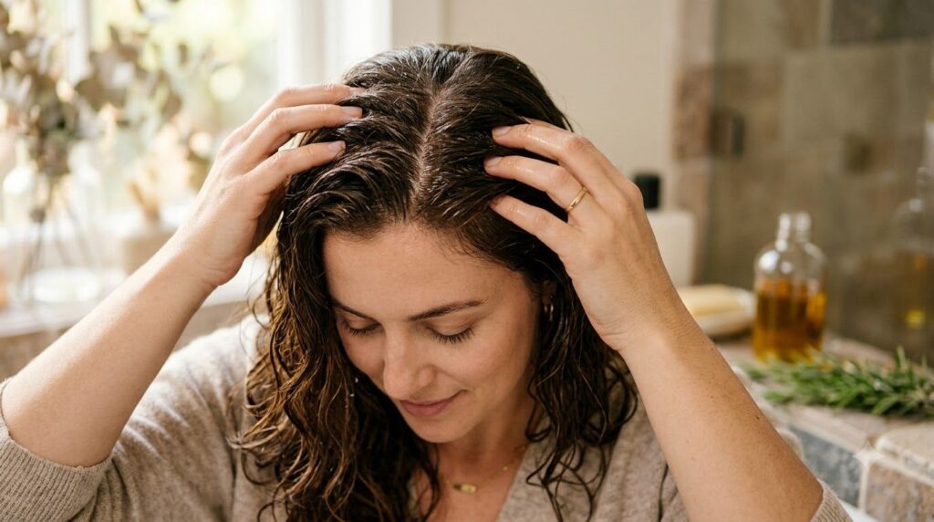 A woman gently massaging rosemary oil into her scalp with her fingertips focusing on the roots of her hair in a close-up