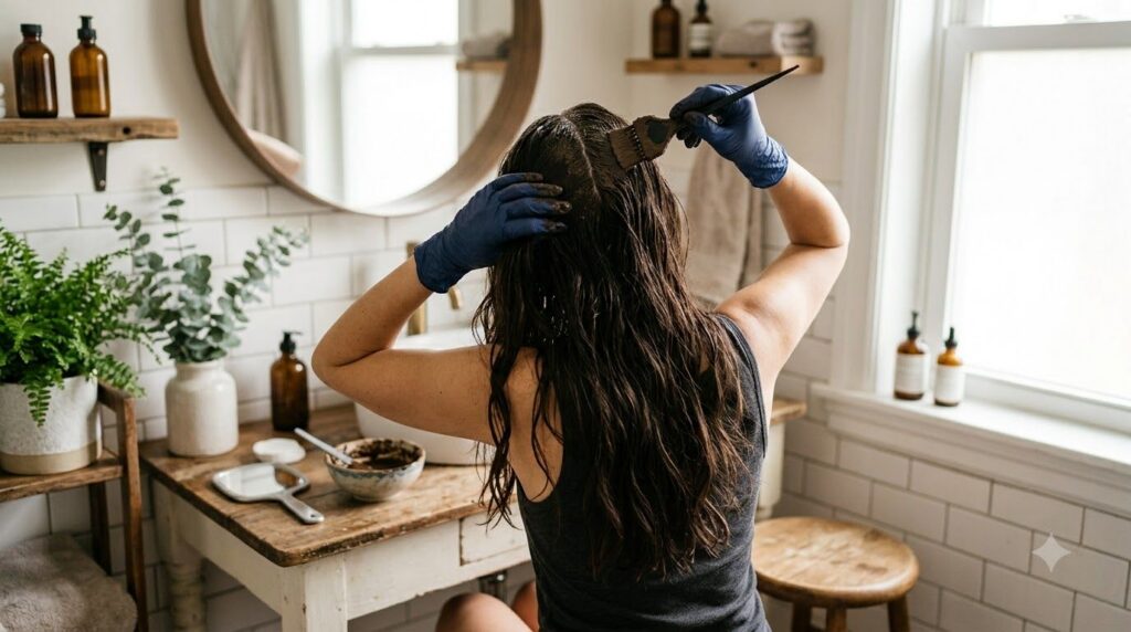 A woman gently applying a dark hair paste to her roots with gloved hands and a brush focusing on areas with grey hair