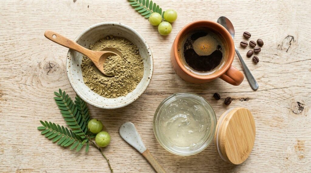 Ingredients for the hair paste laid out a bowl of amla powder a cup of strong brewed coffee and a container of aloe vera