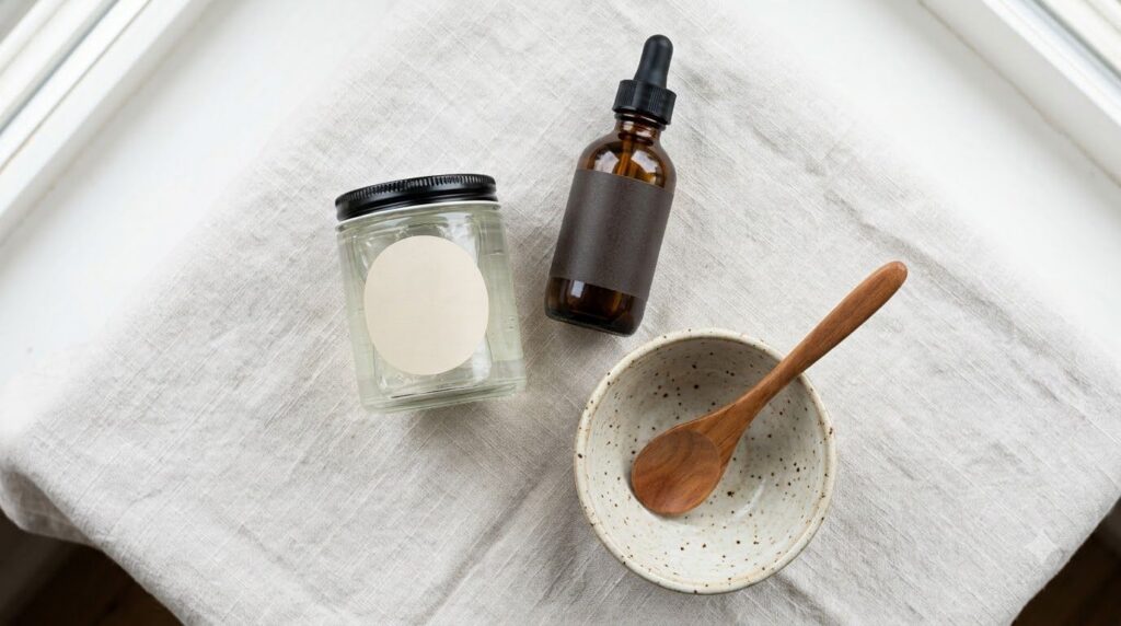 Two ingredients for a DIY night glow gel a clear container of aloe vera gel and a small bottle of sweet almond oil neatl