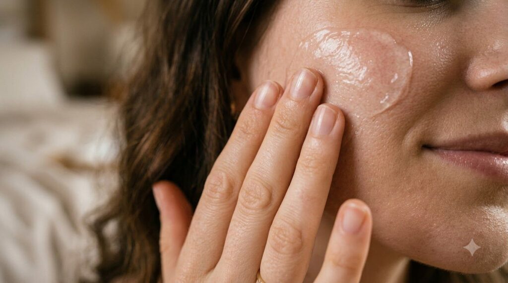 A close-up of a hand gently applying the clear homemade night glow gel to a woman s cheek showing the smooth texture of 