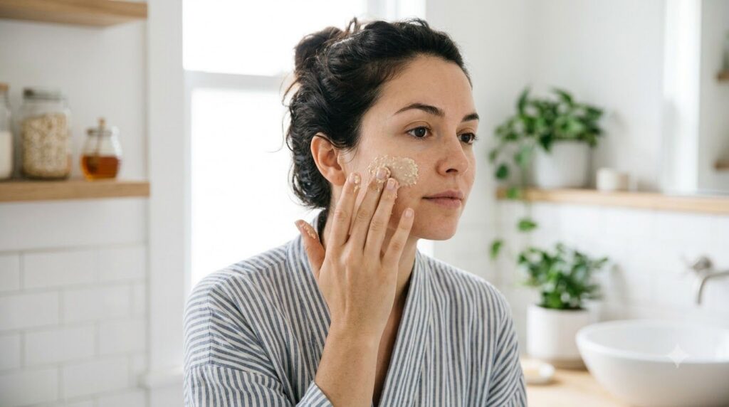 A woman gently applying a DIY face mask to her cheek in a well-lit bathroom setting