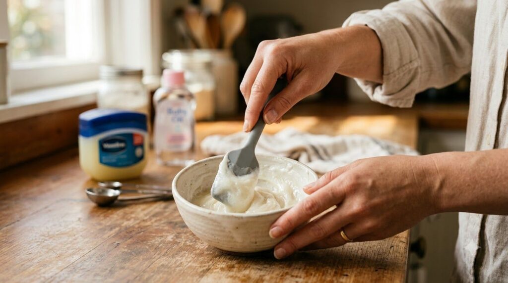 A woman s hand mixing baking soda Vaseline and baby oil in a small bowl with a spatula showing the creamy texture of the