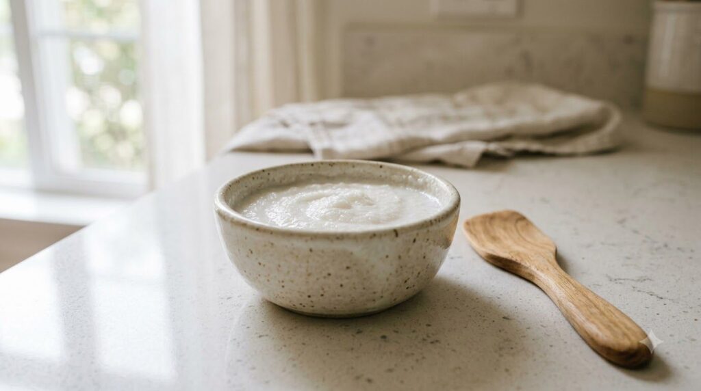 A small bowl with a homemade baking soda paste ready for application with a spatula