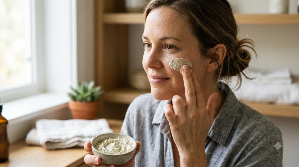 A woman gently applying the homemade anti-aging paste to her cheek demonstrating careful and precise application with so